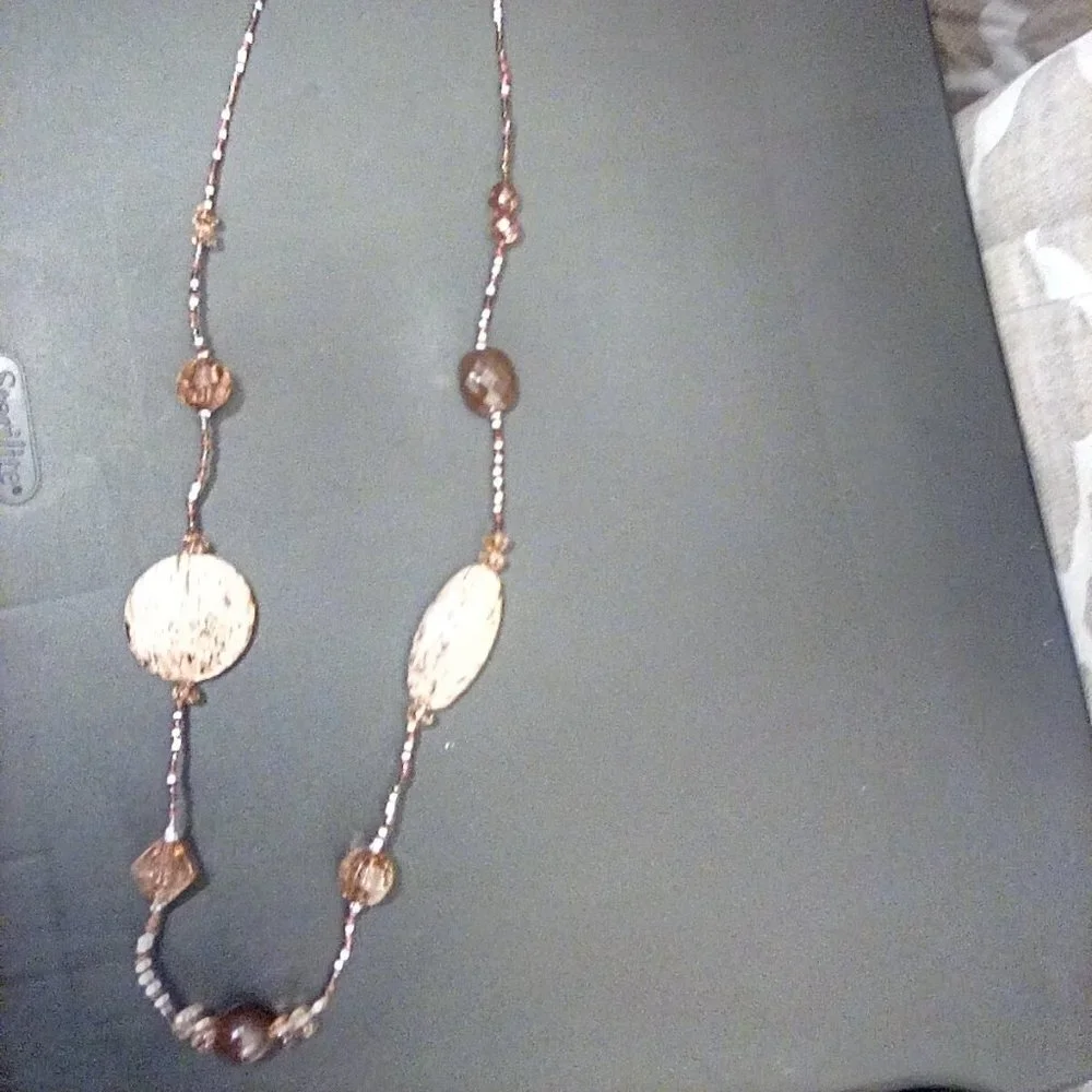 Beautiful Unique Long Beaded Necklace Neutral Colors 39